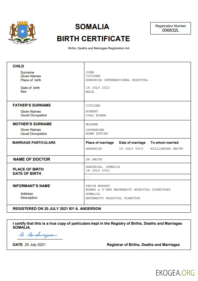 Modèle Word et PDF d'acte de naissance en Somalie
